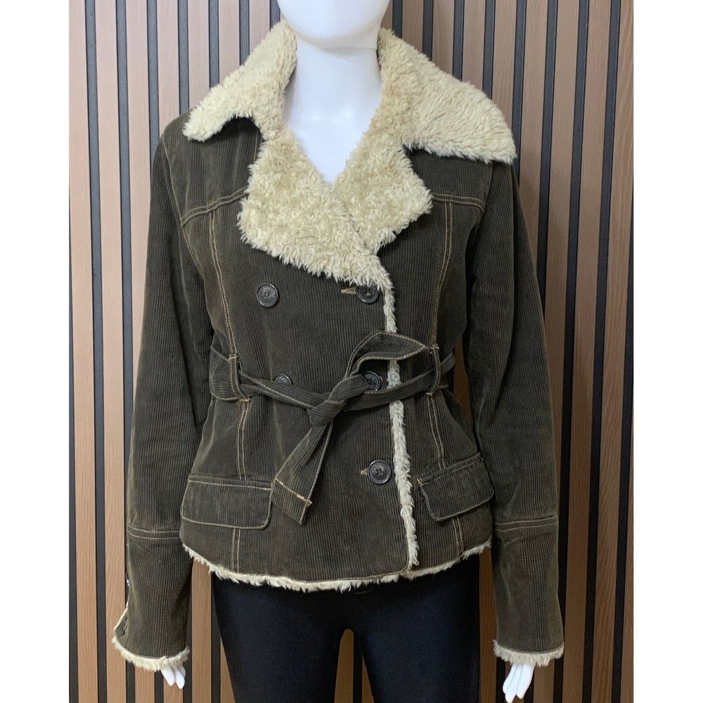 Charlotte Russe Corduroy Penny Lane Boho Lined Belted Jacket Olive Brown M Y2k